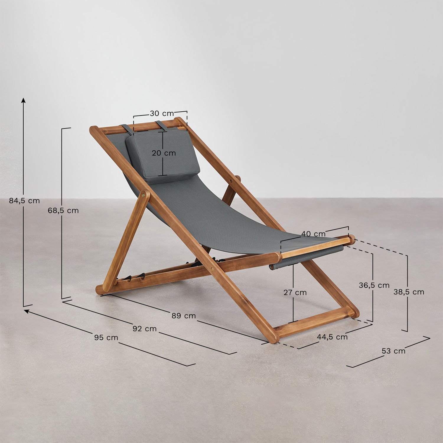 Hamaca pliante avec coussin en bois Kardis, mesures