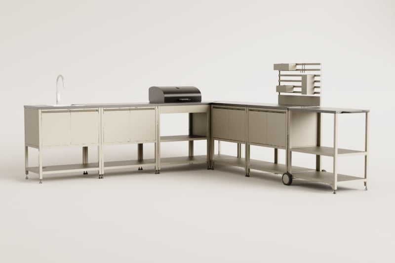 Cuisine modulaire d'extérieur d'angle 7 pièces avec évier, panneau organisateur et barbecue à charbon en acier Savona