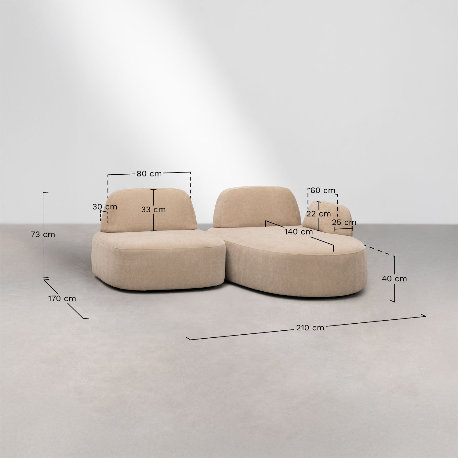 Canapé modulable avec chaise longue droite en 2 pièces, revêtement Giorgia, mesures