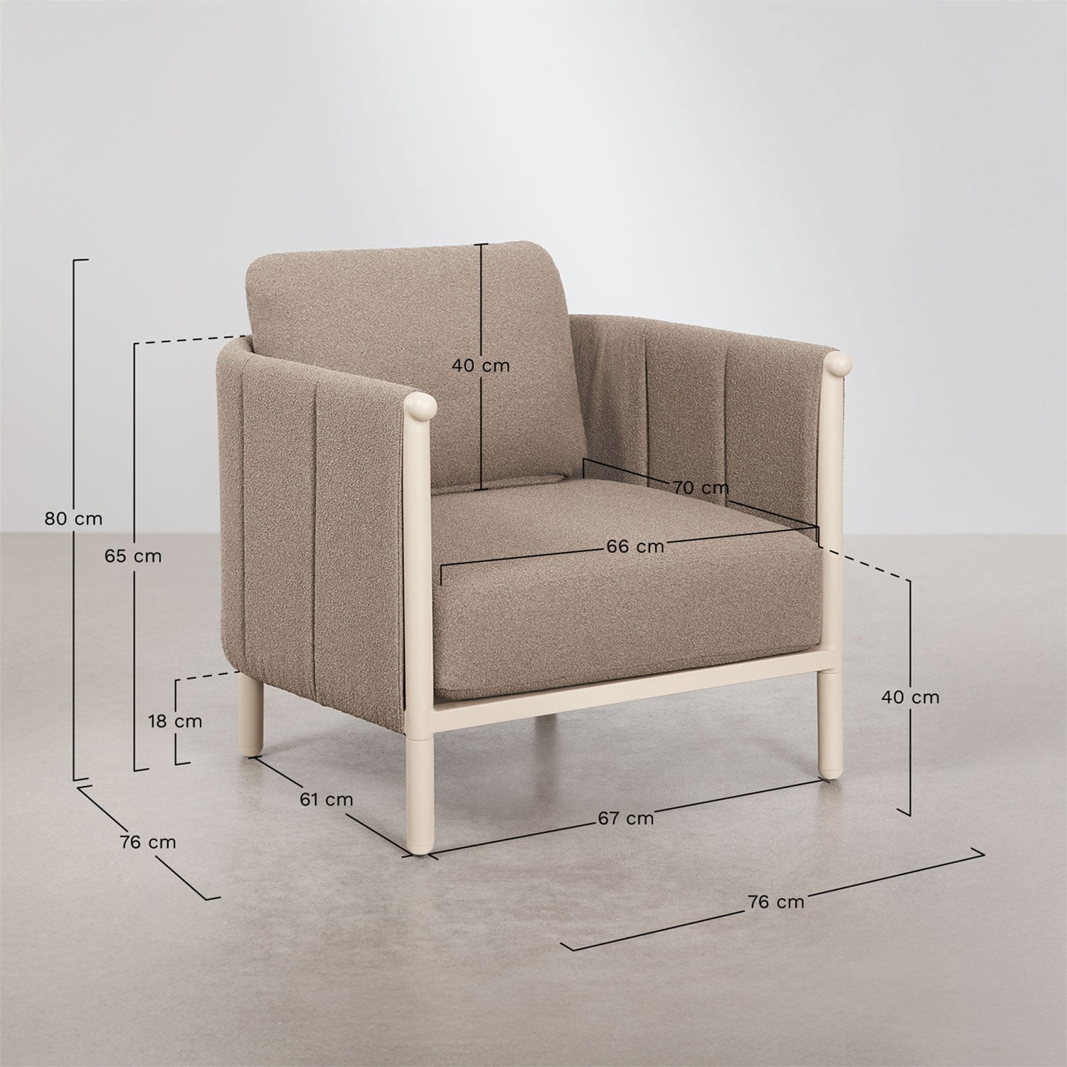 Ensemble de jardin avec 2 fauteuils et table basse en bouclé et aluminium Boleni, mesures