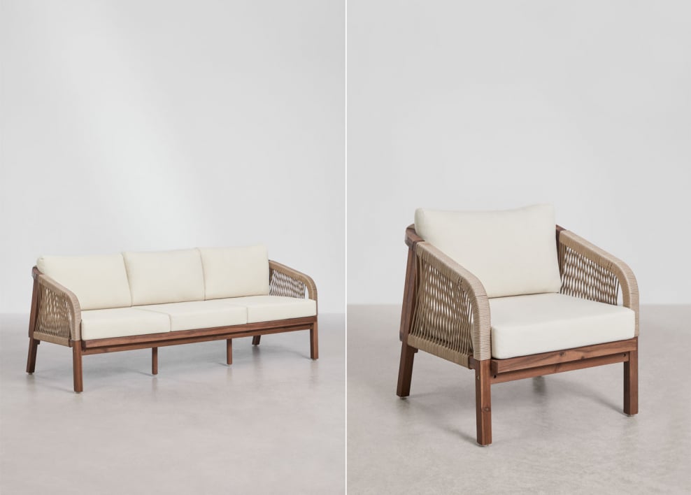 Ensemble de salon avec canapé 3 places, 2 fauteuils et table basse en bois d'acacia Dubai