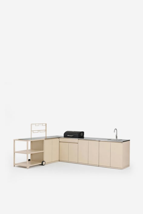 Cuisine modulaire d'angle extérieure 6 pièces avec évier, rangement et barbecue à charbon en acier Rivana