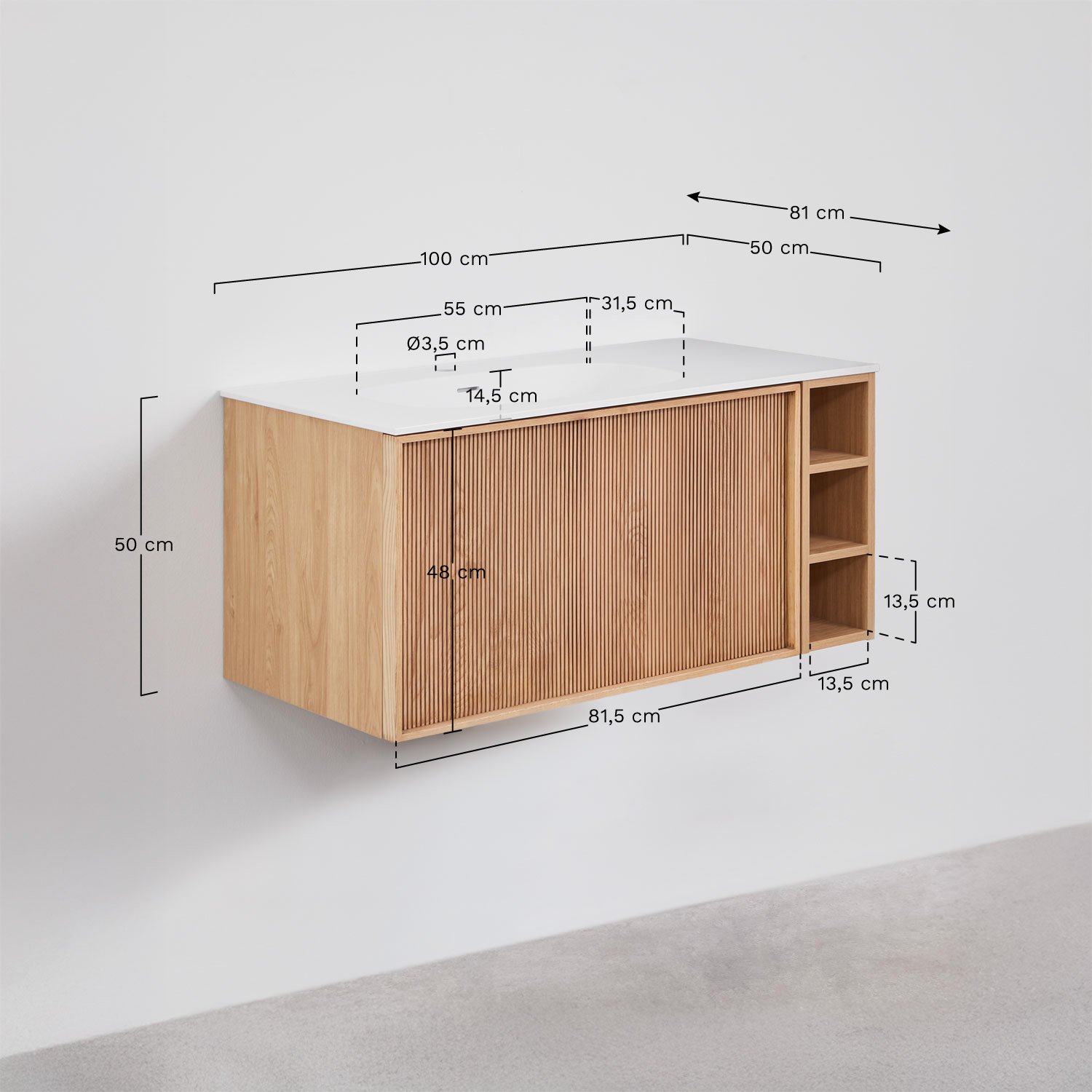 Ensemble meuble de salle de bain suspendu 100x50 cm en bois avec lavabo intégré Endika, mesures