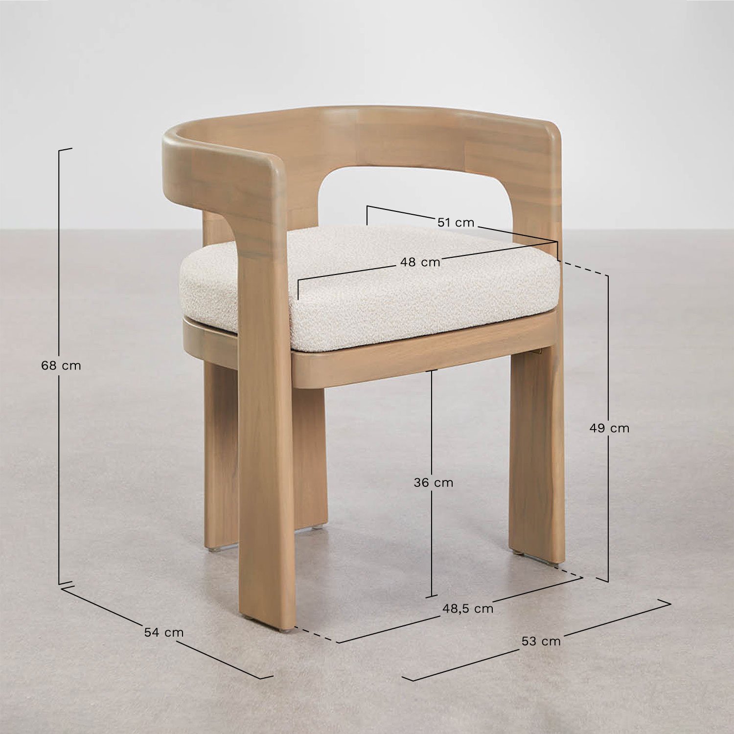 Chaise de salle à manger avec accoudoirs en bois d'acacia et tissu bouclé Kandroa, mesures