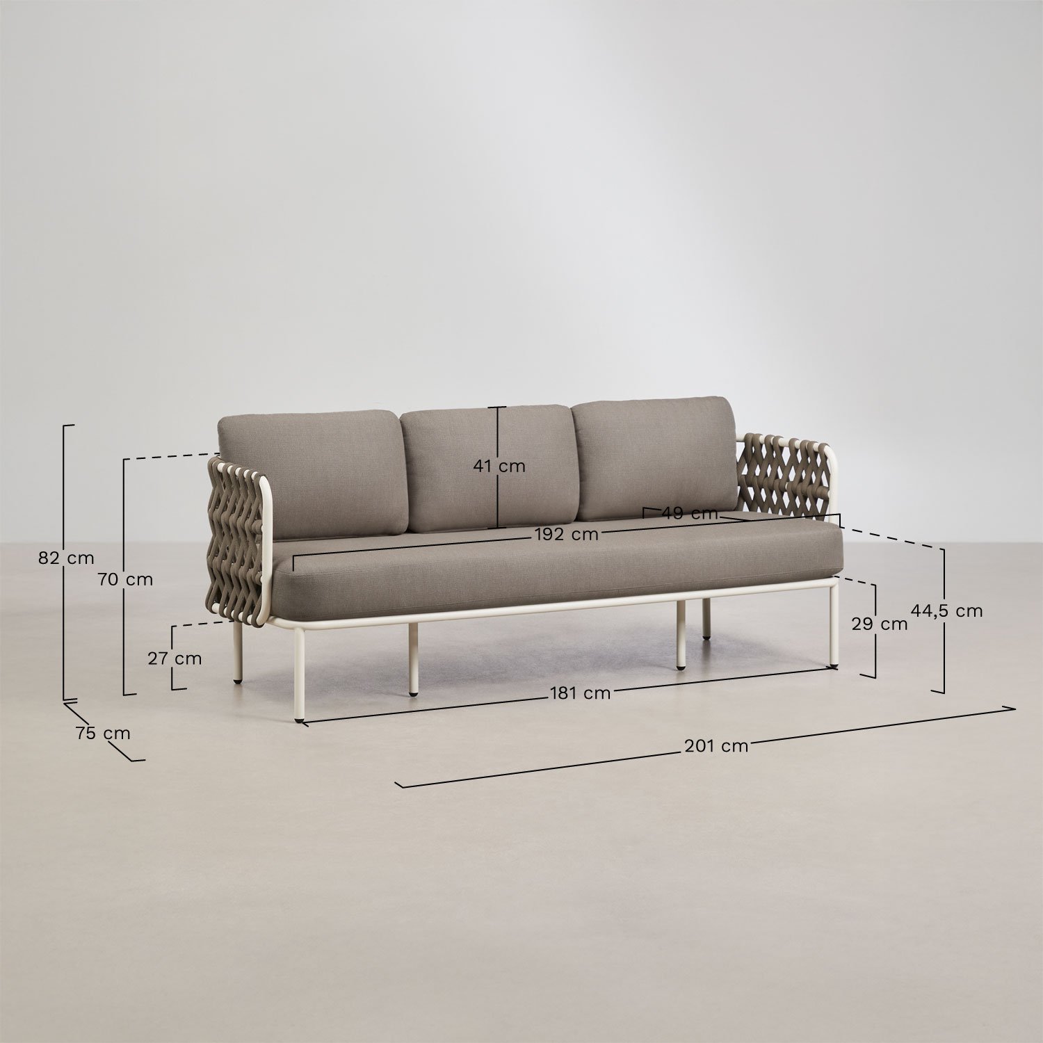 Ensemble de jardin avec canapé 3 places en corde tressée Tevary et table basse en aluminium Boleni, mesures