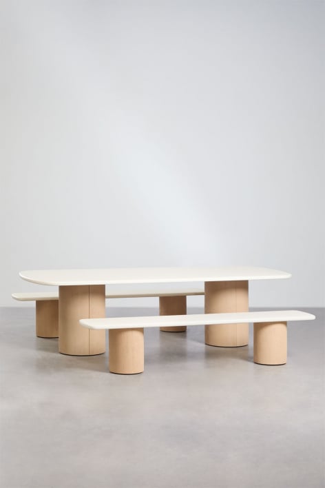 Set de table rectangulaire 270x110 cm et 2 bancs de jardin en ciment et bois d'acacia Sharpay
