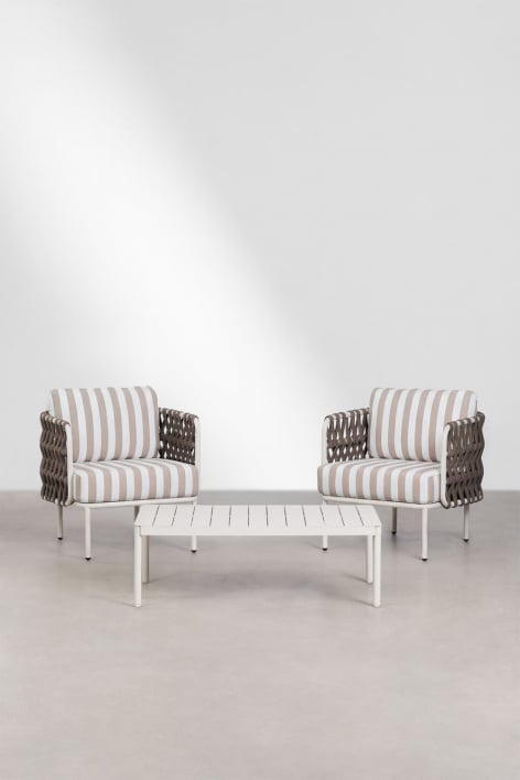 Ensemble de jardin avec 2 fauteuils en corde tressée Tevary et table basse en aluminium Boleni - Tissu Marron Moka - Blanc Gardenia