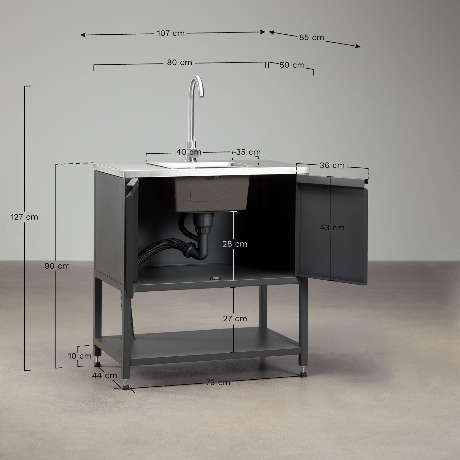 Module de rangement avec évier pour cuisine modulaire d'extérieur en acier Savona, mesures