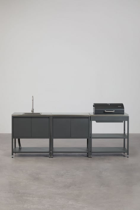 Cuisine modulaire d'extérieur 3 pièces avec évier, rangement et barbecue à charbon en acier Savona