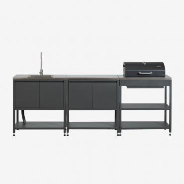Cuisine Modulaire D'extérieur 3 Pièces Avec Évier, Rangement Et Barbecue Au Charbon En Acier Savona Gris Graphite & Gris Brossé Rintran - Sklum