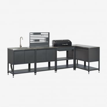 Cuisine Modulaire D'angle Extérieure 5 Pièces Avec Évier, Panneau Organisateur Et Barbecue À Charbon En Acier Savona - Sklum