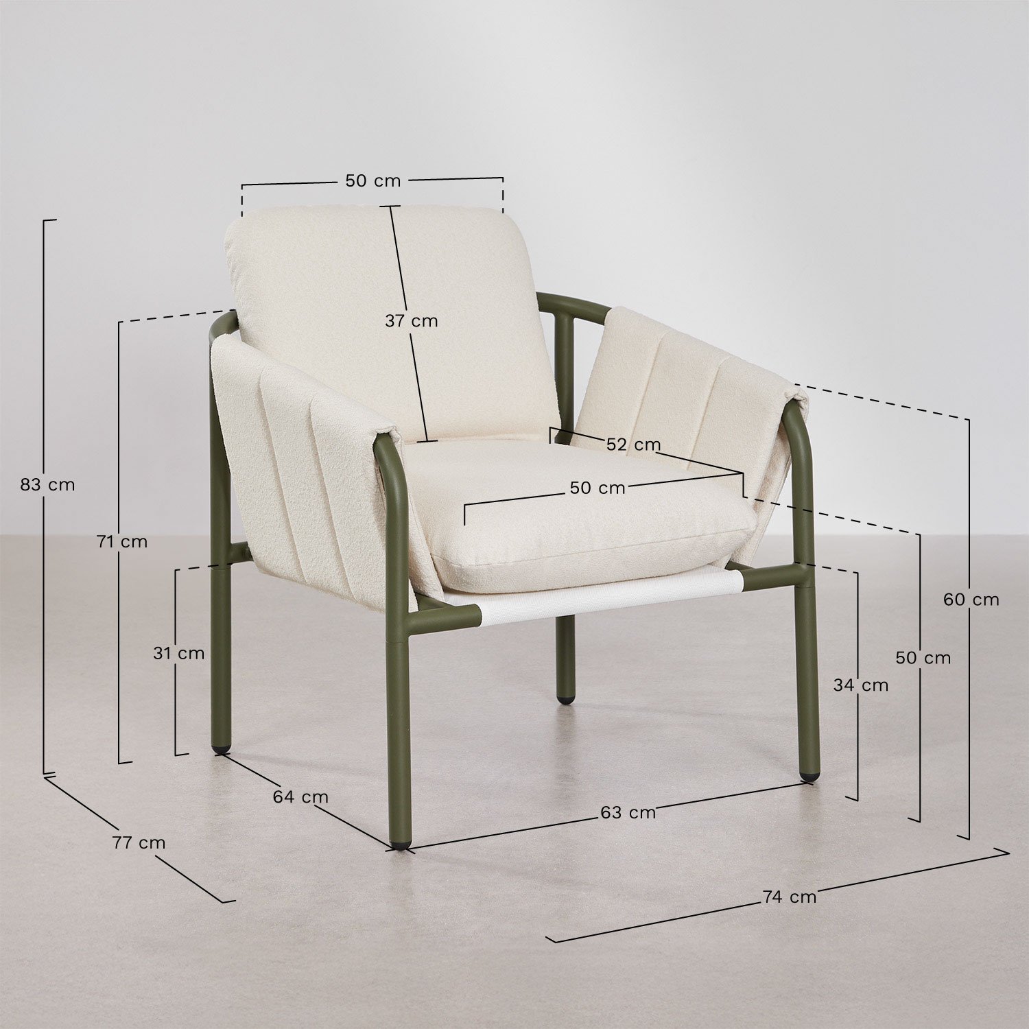 Ensemble de jardin avec 2 fauteuils rembourrés et table basse en acier Zunika, mesures