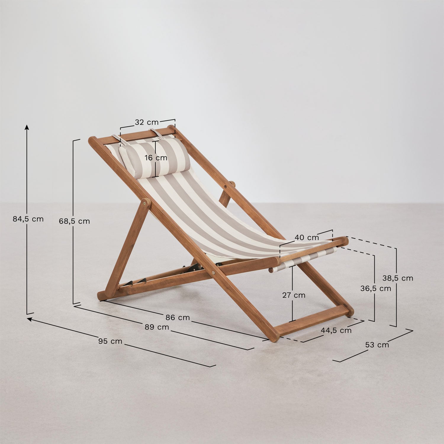 Pack de 2 chaises longues pliantes avec coussin en bois Kardis, mesures