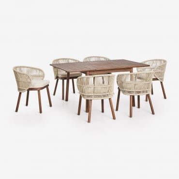 Set De Table Extensible 100-160x100 Cm Karvia Et 6 Chaises De Jardin En Bois D'acacia Et Corde Tressée Capri Beige Crème - Sklum