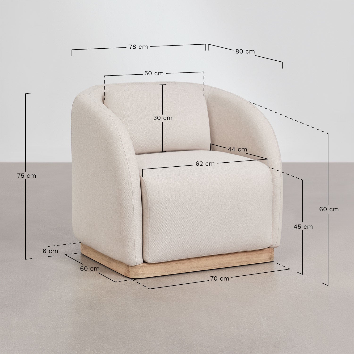 Ensemble de salon avec canapé 3 places, 2 fauteuils et table basse rectangulaire 130x75 cm en bois d'acacia Verona, mesures
