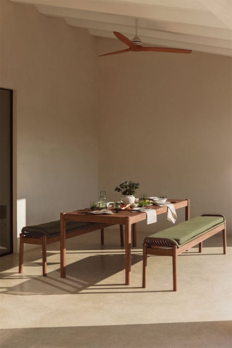 Set de table rectangulaire 180x90 cm et 2 bancs de jardin en bois d'acacia et corde tressée Karvia