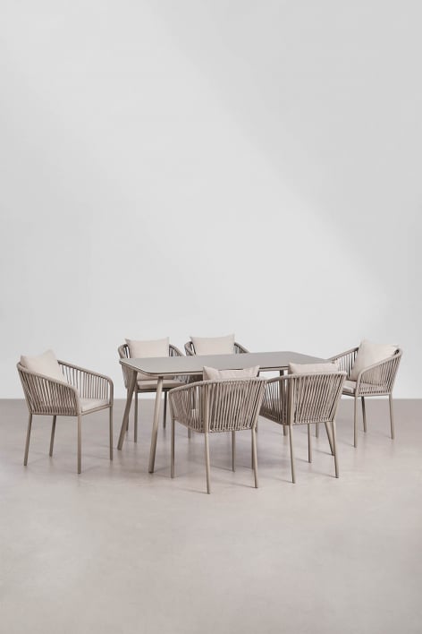 Set de table rectangulaire 160x90 cm et 6 chaises de jardin en corde tressée Arhiza Classic