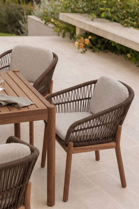 Chaise de jardin avec accoudoirs en bois d'acacia et corde tressée Karvia - Tissu brun noisette