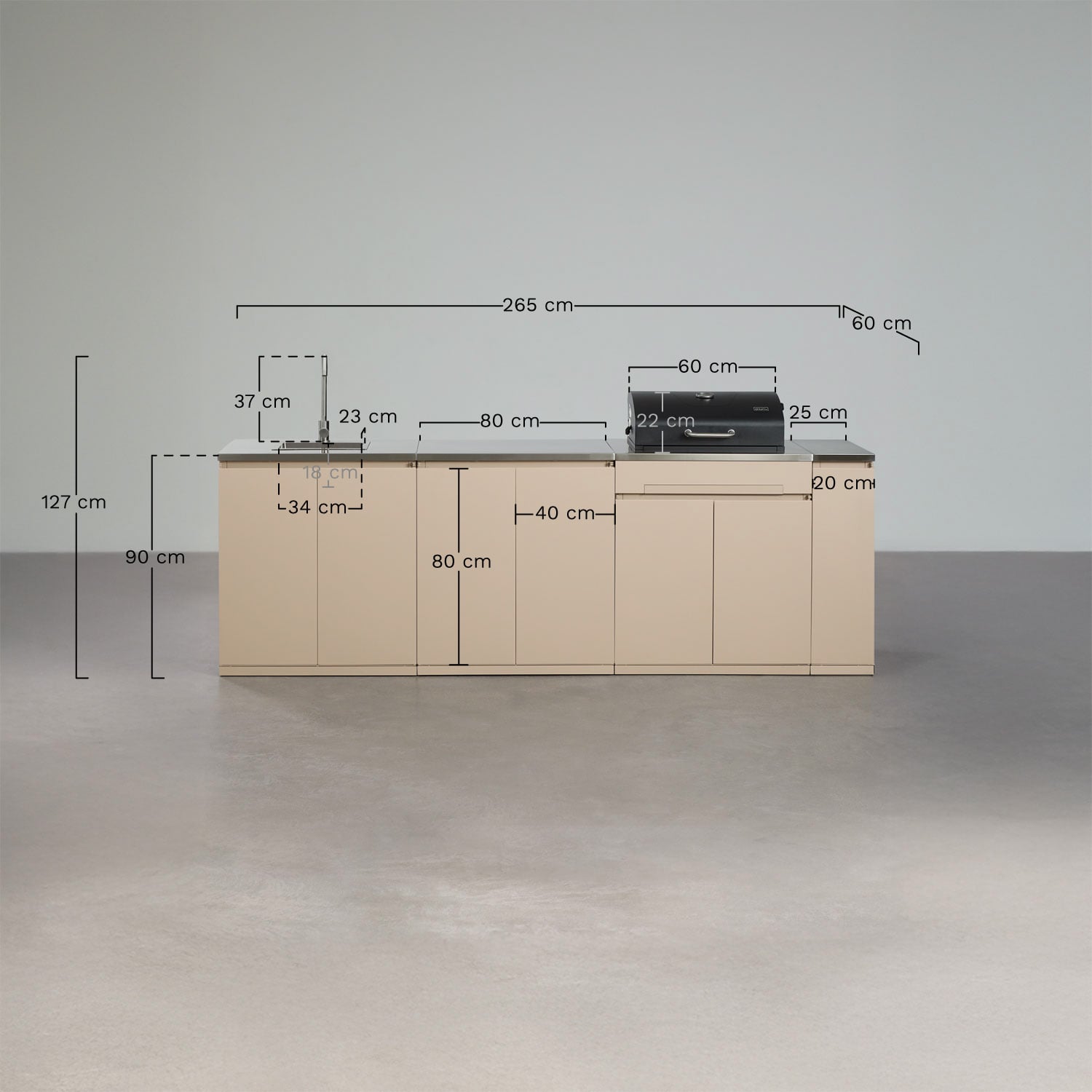 Cuisine modulaire d'extérieur 4 pièces avec évier, rangement et barbecue au charbon en acier Rivana, mesures