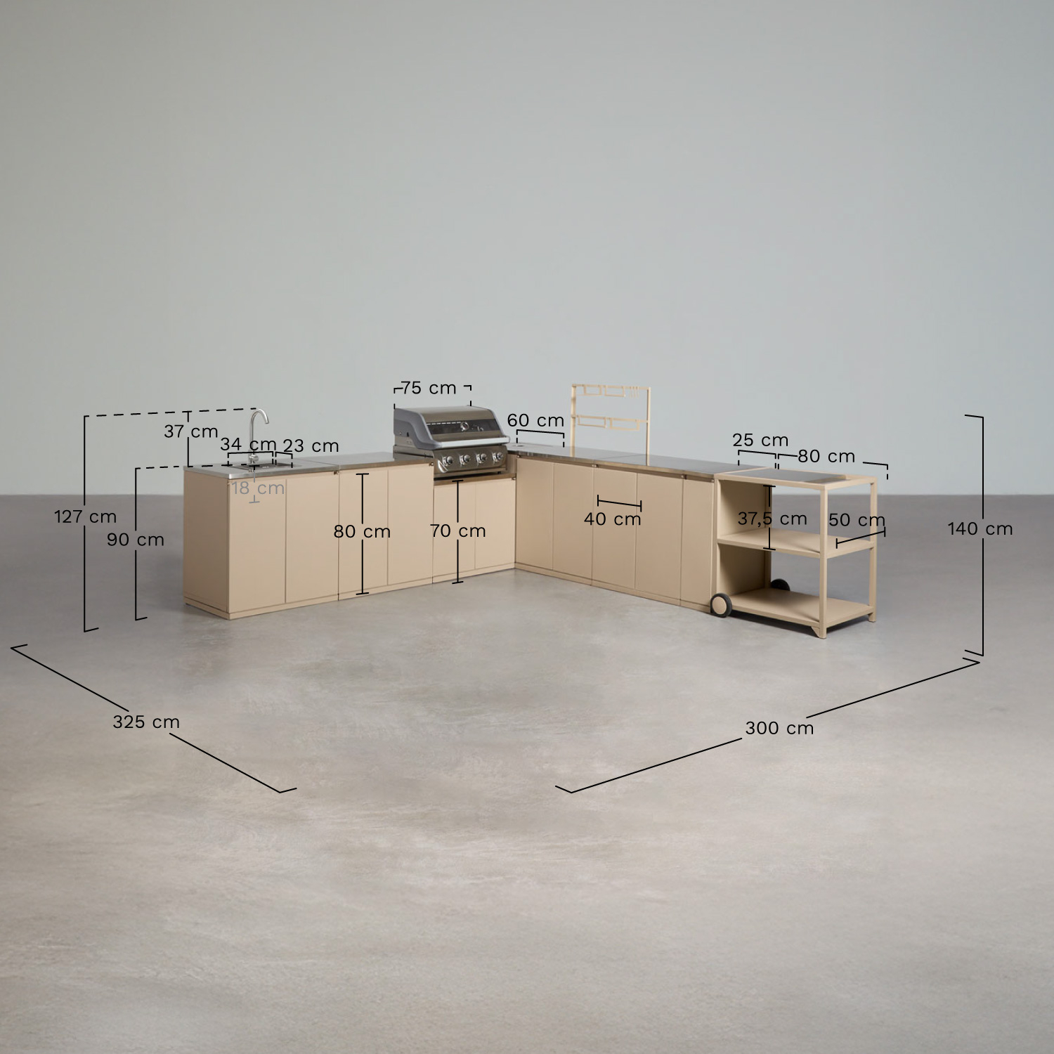Cuisine modulaire d'angle extérieure de 8 pièces avec évier et barbecue à gaz à 4 brûleurs en acier Rivana, mesures