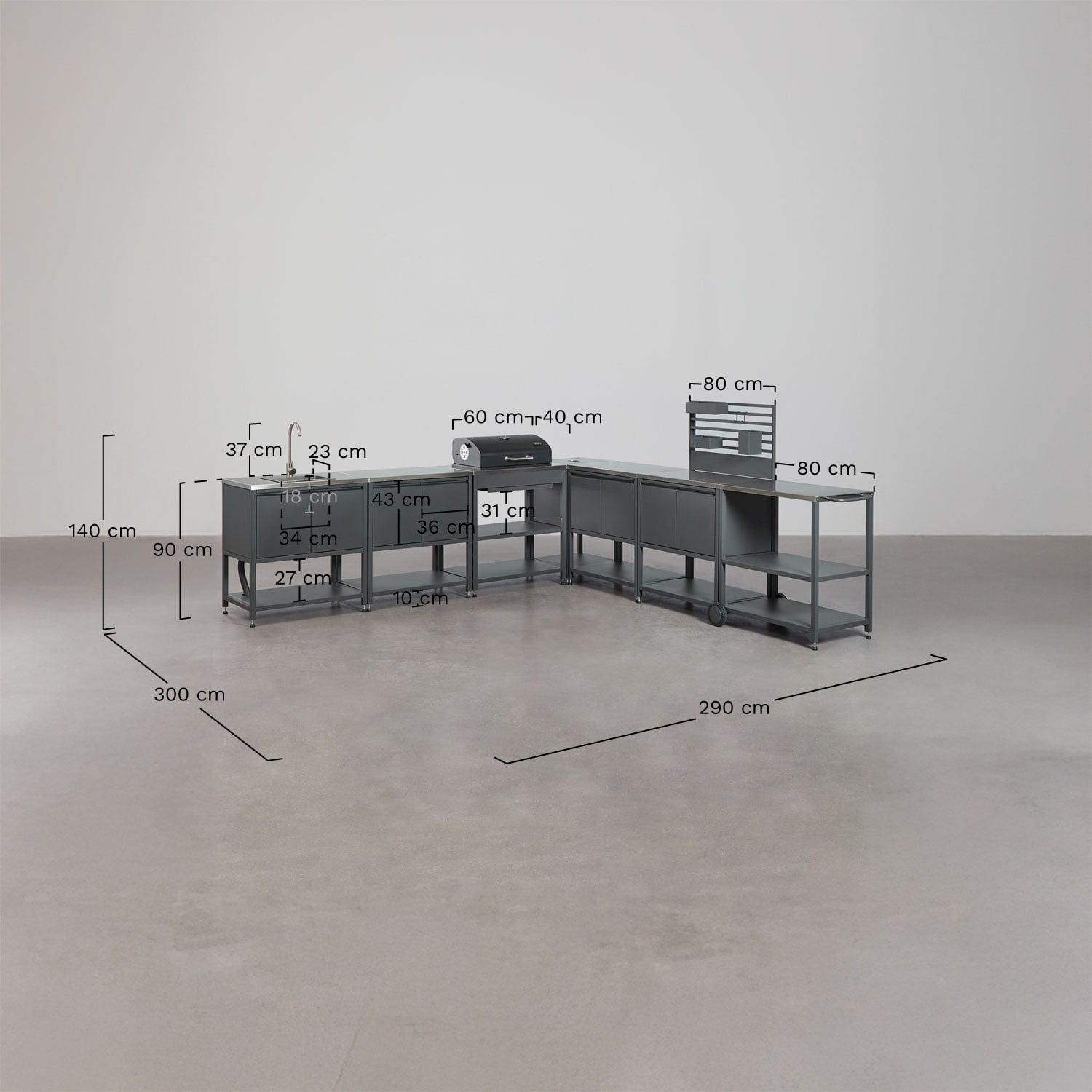 Cuisine modulaire d'angle extérieure 7 pièces avec évier, panneau organisateur et barbecue à charbon en acier Savona, mesures