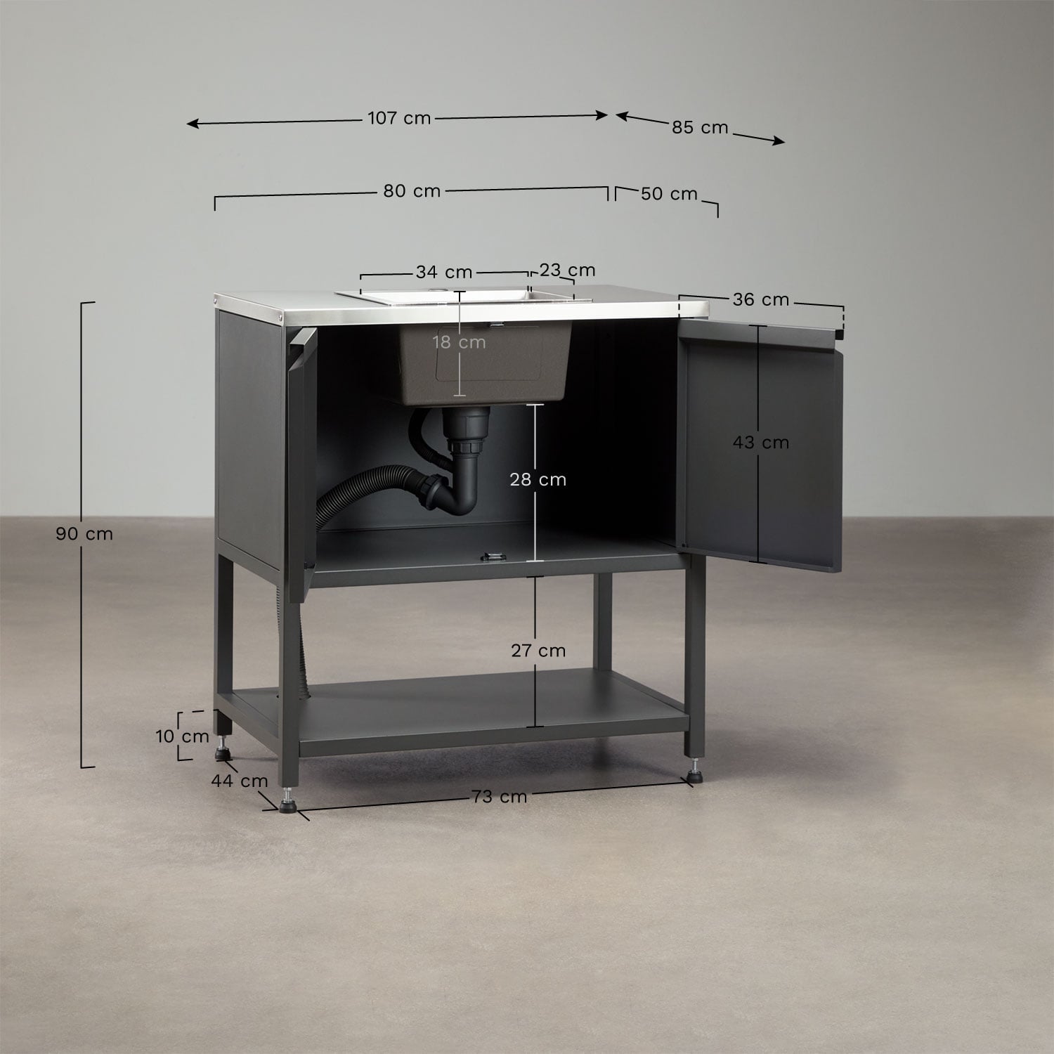 Module de rangement avec évier pour cuisine modulaire d'extérieur en acier Savona, mesures