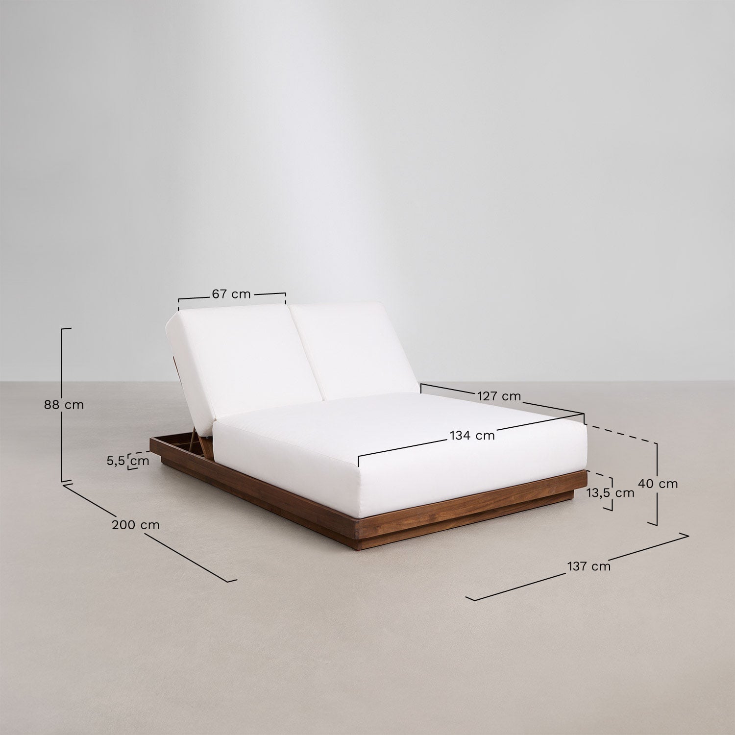 Chaise longue double inclinable en bois d'acacia Lecia, mesures