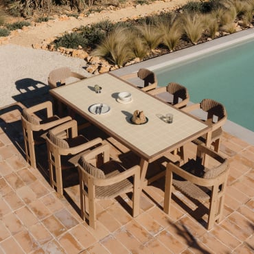 Set De Table Rectangulaire 200x100 Cm Dubai Et 8 Chaises De Jardin En Bois D'acacia Et Rotin Synthétique Ginara Tapioca Beige - Sklum