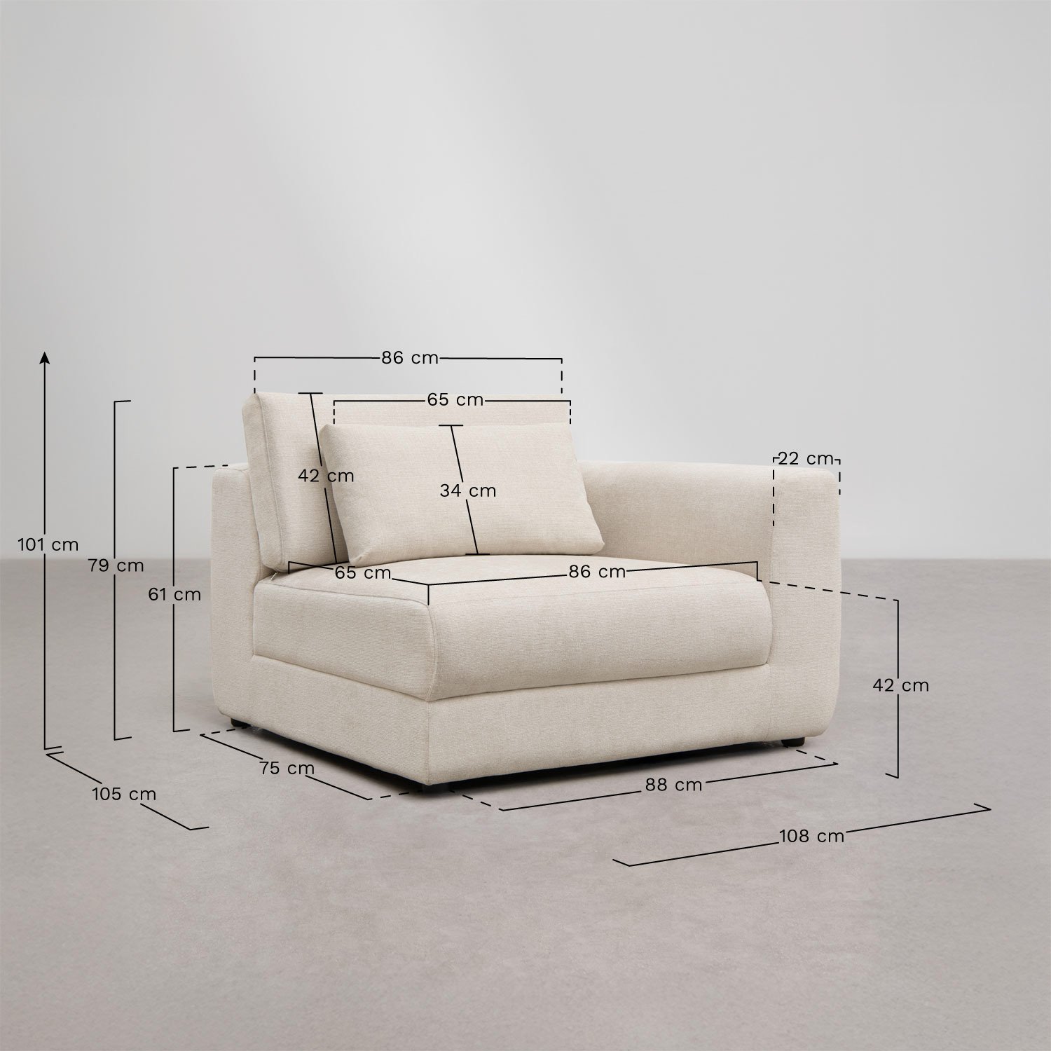 Module d'angle droit pour canapé modulaire avec appuie-tête réglable en chenille Cataline, mesures