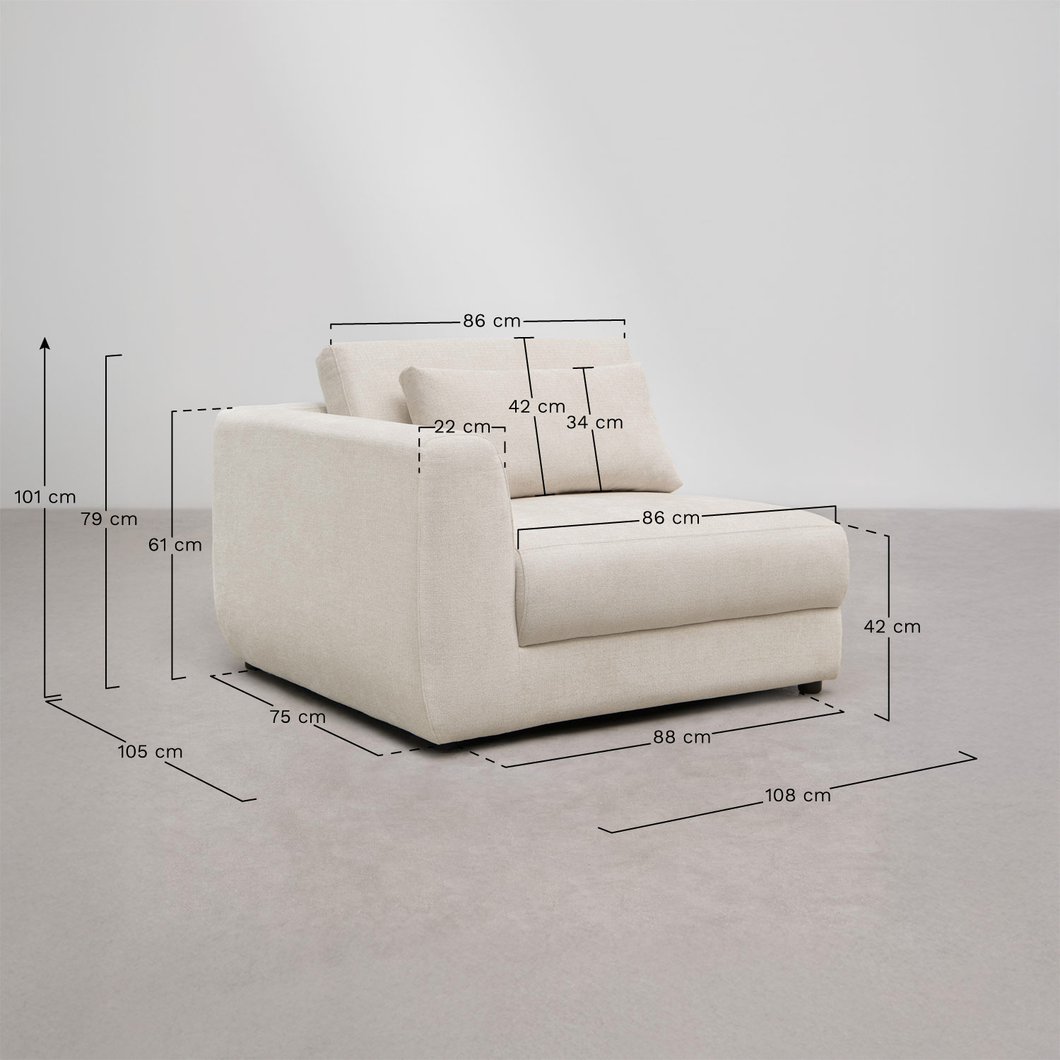 Module d'angle gauche pour canapé modulaire avec appuie-tête réglable en chenille Cataline, mesures