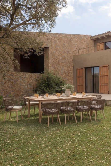 Set de table rectangulaire extensible Duala 250-310x105 cm et 10 chaises de jardin en bois d'acacia et corde tressée Capri