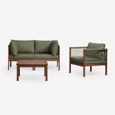 Ensemble De Jardin Avec Canapé Modulaire 2 Pièces Avec Accoudoirs, Fauteuil Et Table Basse En Bois D'acacia Branson Vert Olive Intense - Sklum