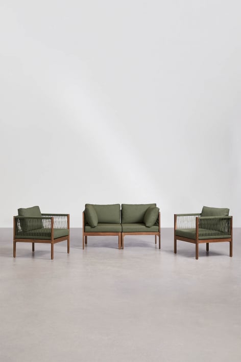 Ensemble de salon avec canapé modulaire 2 pièces avec accoudoirs et 2 fauteuils en bois d'acacia Branson - Vert Olive Intense