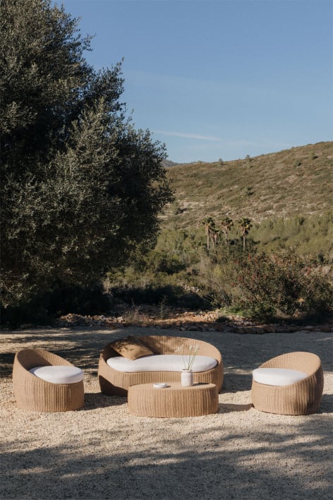 Ensemble de jardin avec canapé 3 places, 2 fauteuils et table basse en bois d'acacia et rotin synthétique Clarnyx