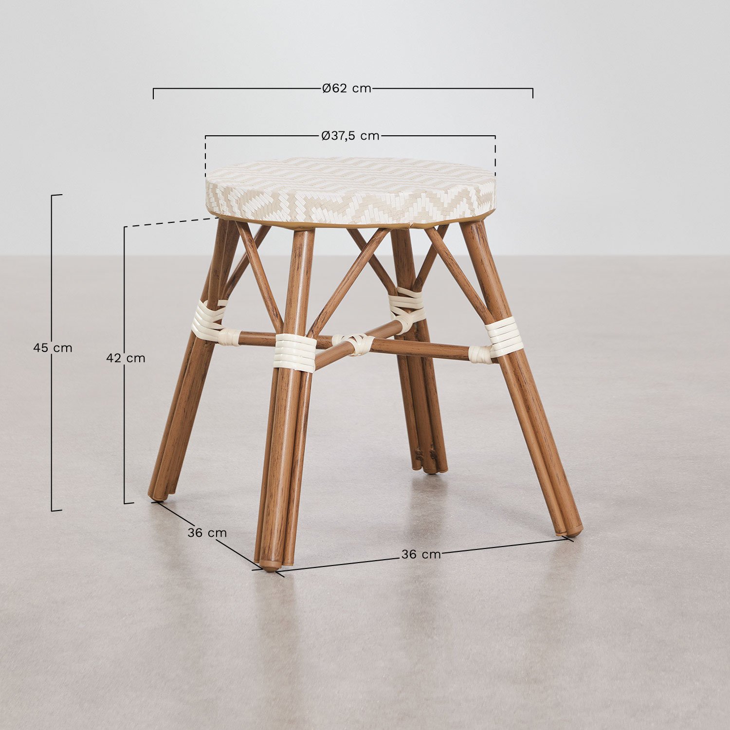 Tabouret bas de jardin 45 cm en aluminium et rotin synthétique Brielle Bistro, mesures
