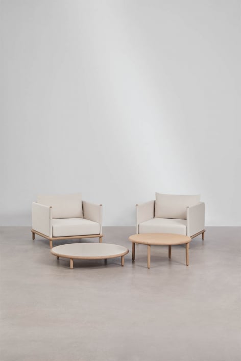 Ensemble de salon avec 2 fauteuils et 2 tables basses rondes en bois d'acacia Olivia - Blanc Gardenia - Marron Acacia clair