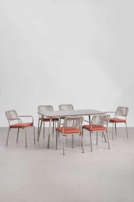 Set de table rectangulaire 160x90 cm et 6 chaises de salle à manger empilables en corde tressée Arhiza - Marron moka - Terracotta