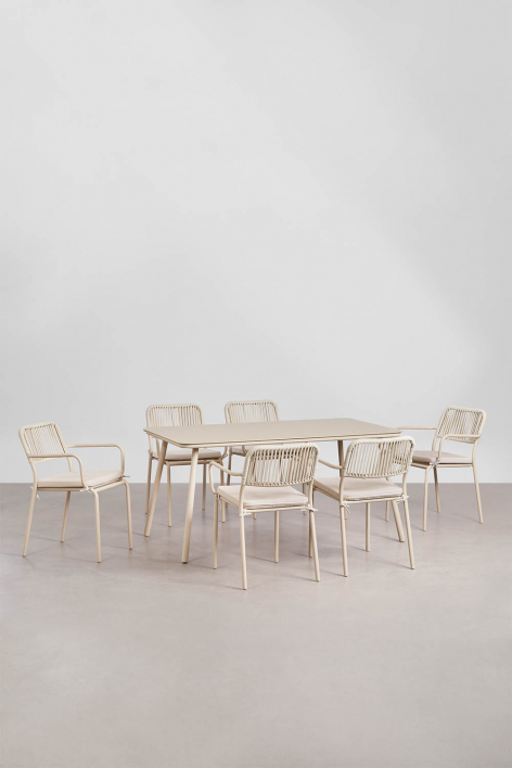 Ensemble de table rectangulaire 160x90 cm et 6 chaises de salle à manger empilables en corde tressée Arhiza - Tapioca Beige