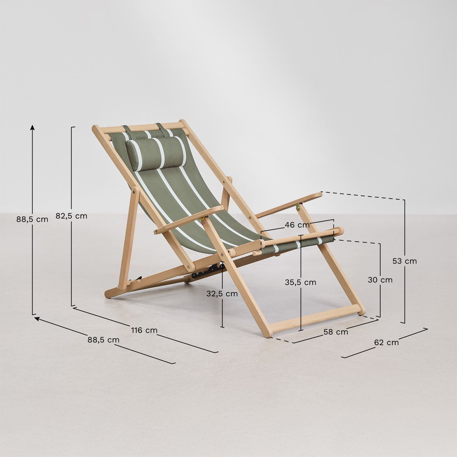 Pack de 2 chaises longues pliantes avec coussin en bois d'acacia Rondonia, mesures