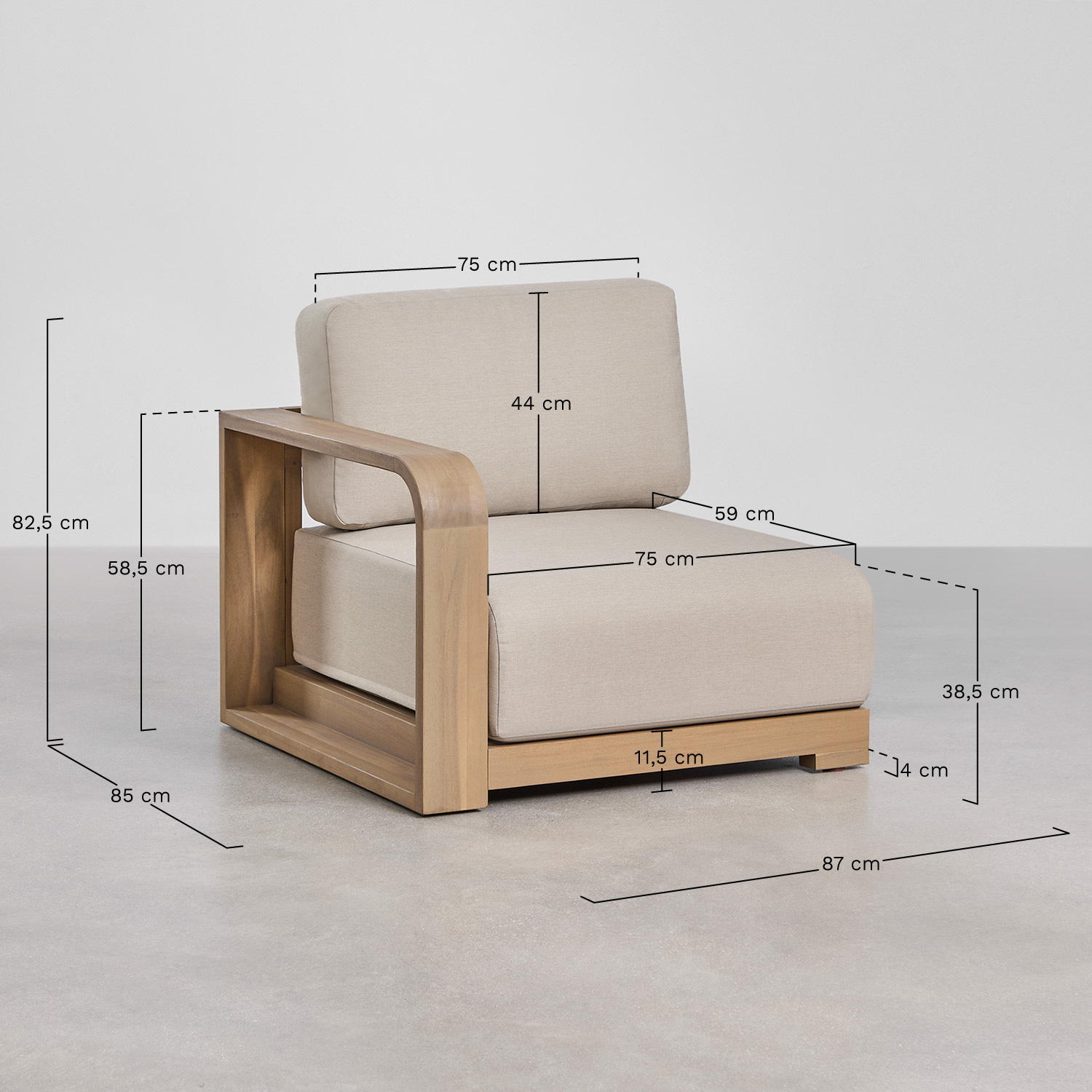 Module d'angle gauche pour canapé modulaire de jardin en bois d'acacia Brivori, mesures