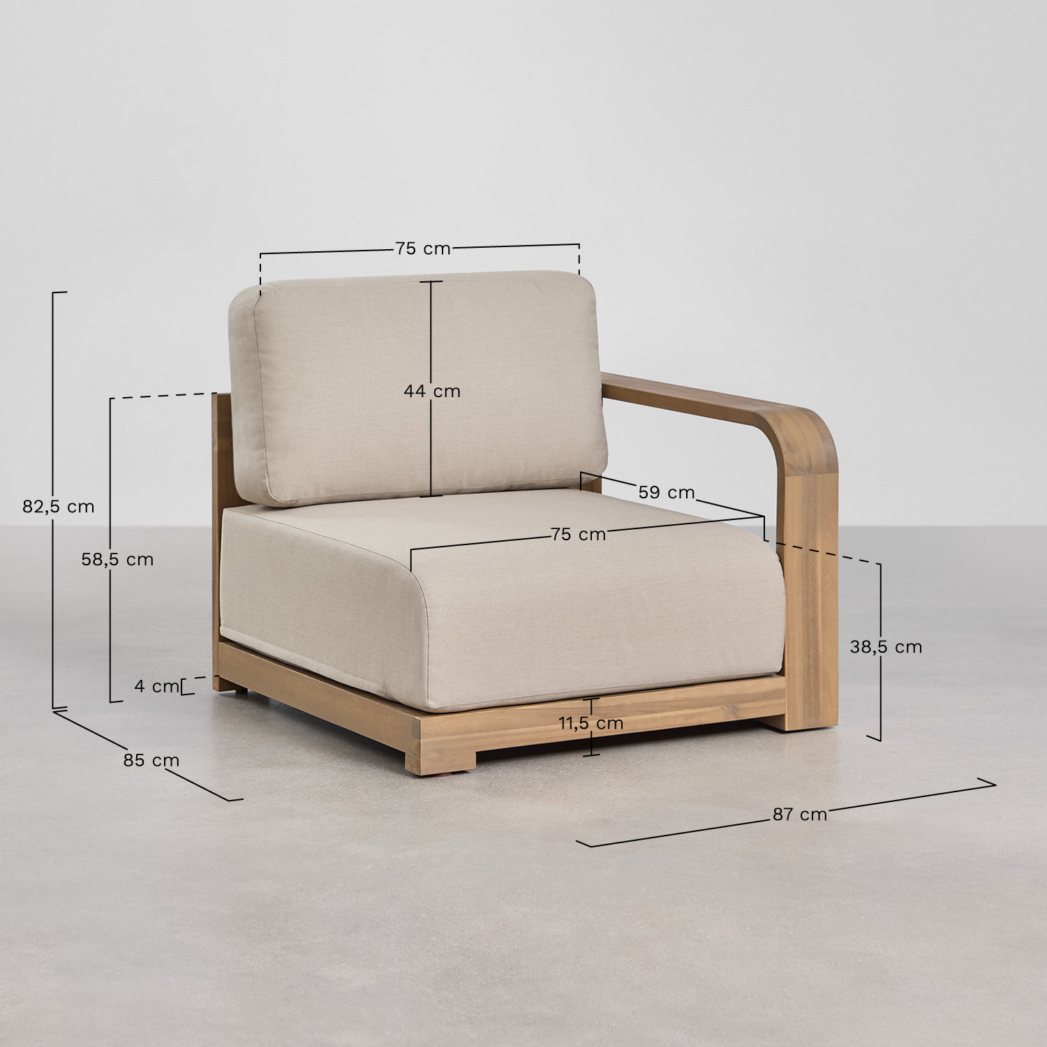 Module d'angle droit pour canapé modulaire de jardin en bois d'acacia Brivori, mesures
