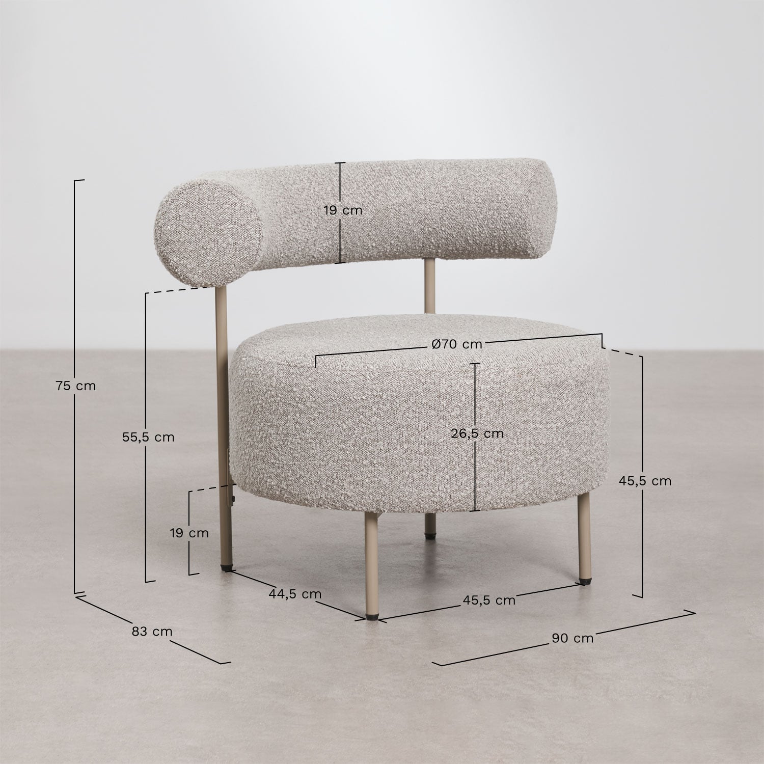 Fauteuil en tissu bouclé Arieta, mesures