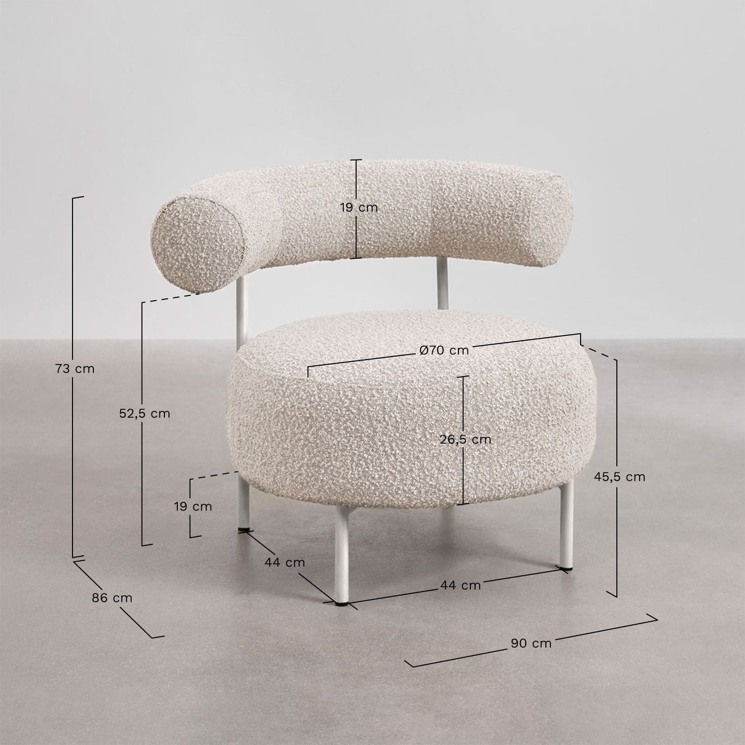 Pack de 2 fauteuils en tissu bouclé Arieta, mesures
