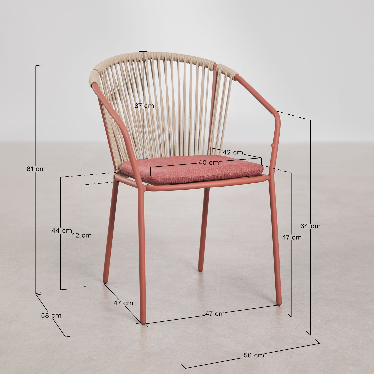 Pack de 4 chaises de salle à manger empilables en acier et corde tressée Oklahoma, mesures