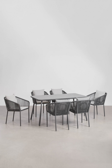 Ensemble de table rectangulaire 160x90 cm et 6 chaises de salle à manger en corde tressée Arhiza Classic - Gris Graphite