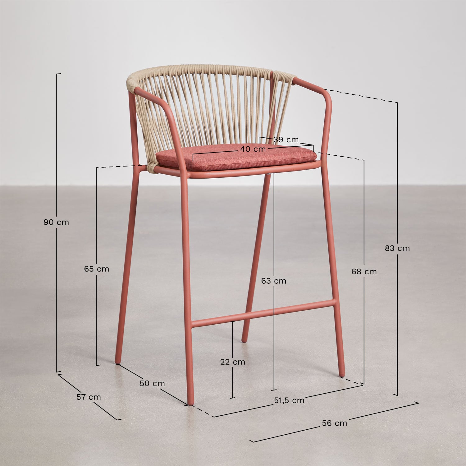 Pack de 4 tabourets hauts en acier et corde tressée Oklahoma, mesures