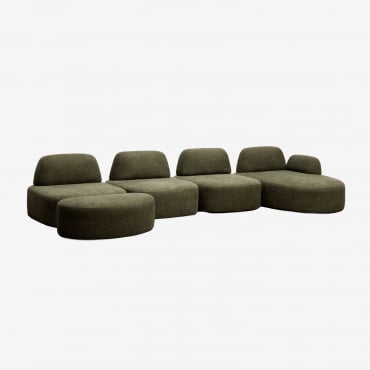 Canapé Modulable Avec Méridienne Droite 4 Pièces Et Pouf Rembourré Giorgia Tissu Vert Militaire - Sklum