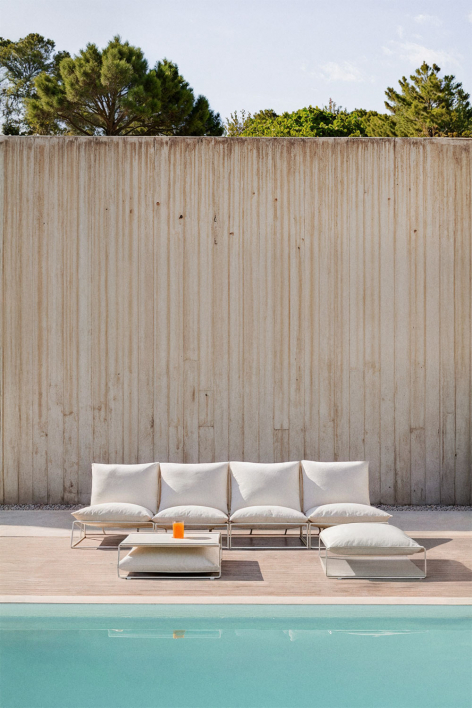 Ensemble de jardin avec canapé modulaire 4 pièces, table d'appoint et pouf convertibles Amaro