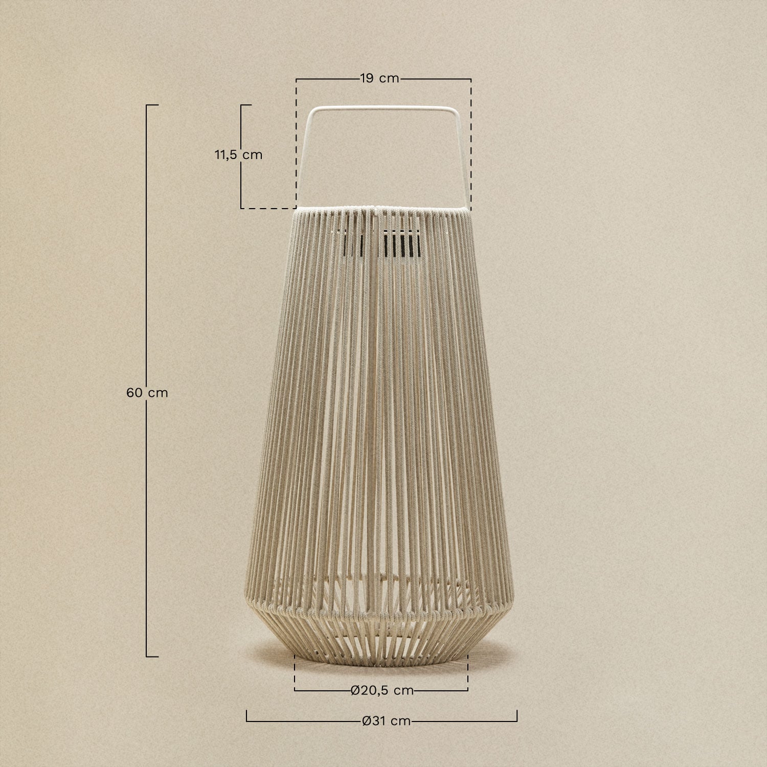 Lampe de table solaire LED sans fil pour extérieur en fer et corde tressée Liberian, mesures