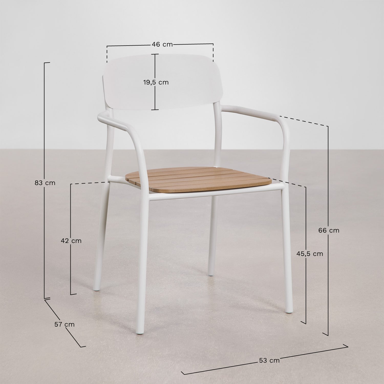 Pack de 4 chaises de jardin empilables avec accoudoirs en bois et acier Mireiali, mesures